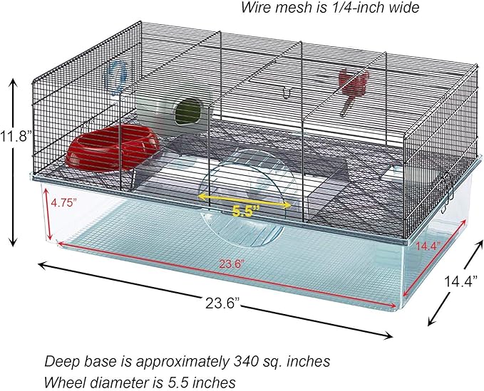 Ferplast Favola Hamster Cage Includes Free Water Bottle, Exercise Wheel, Food Dish & Hamster Hide-Out Large Hamster Cage Measures 23.6L x 14.4W x 11.8H-Inches
