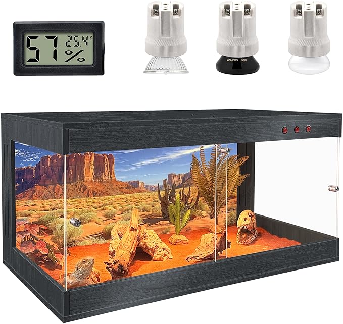 ROYXEN Reptile Tank, 64 Gallons Reptile Enclosure with Lockable Design, Tempered Glass Bearded Dragon Tank for Lizard Habitat, Soild Wood Built-in Sockets (Black, 39.5"x19.5"x19.5")
