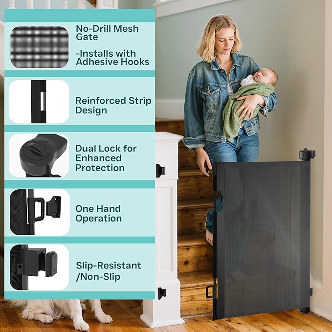 Retractable Baby Gate,Mesh Baby Gate or Mesh Dog Gate,34" Tall,Extends up to 120" Wide,Child Safety Gate for Doorways, Stairs, Hallways, Indoor or Outdoor