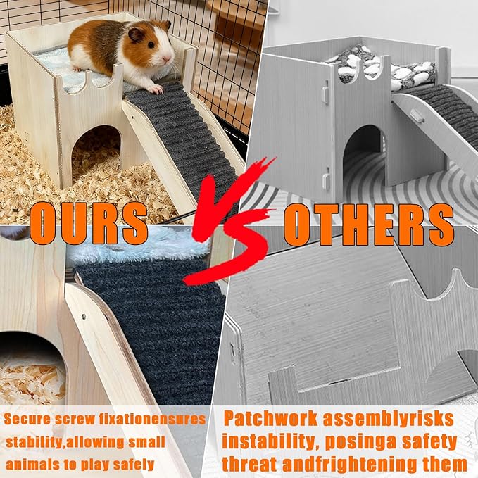 Guinea Pig Hideout Wood, Hamster Hideout Large, Rabbit Castle with Ramp, Bunny House for Cage, Chinchilla House Castle, Small Animal Hideout House, for Ferret Hedgehogs Playing Hiding Sleeping