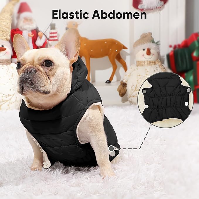 Vecomfy Fleece Lining Dog Hoodie with Harness Built in,Extra Warm Medium Dog Jacket in Winter Doggie Coats with Drawstring Hooded,Black L