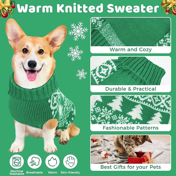 Christmas Dog Sweaters for Small Medium Large Dogs and Cats,Pet Soft Warm Holiday Outfit Girl & Boy,Pup Winter Clothes Turtleneck Double Knitting Collar for Outdoors Playing (Green，XXS)