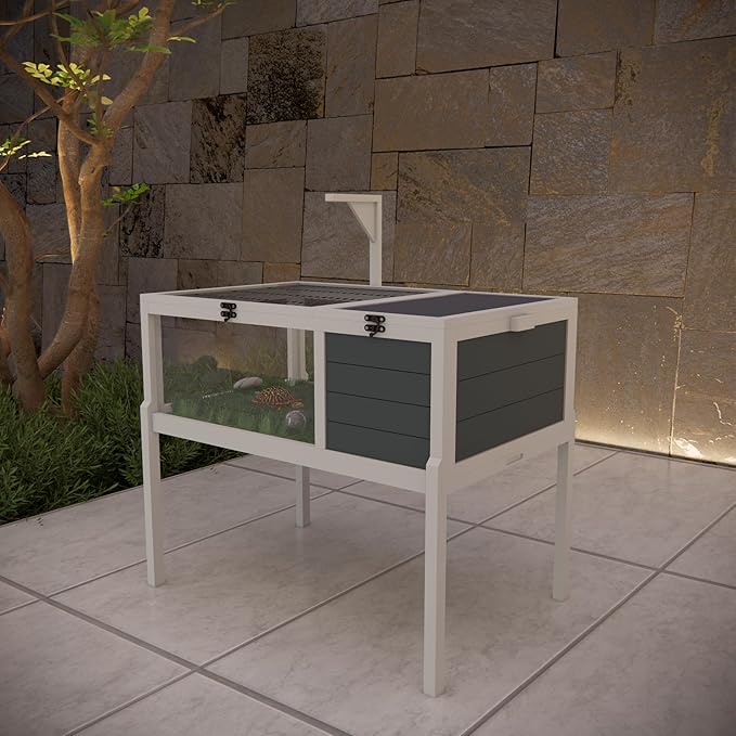 Turtle Habitat Enclosure, Large Wooden Tortoise House for Indoor and Outdoor Use, Reptile Enclosure with Openable Roof & Secure Locking System (Dark Grey, with Leg)