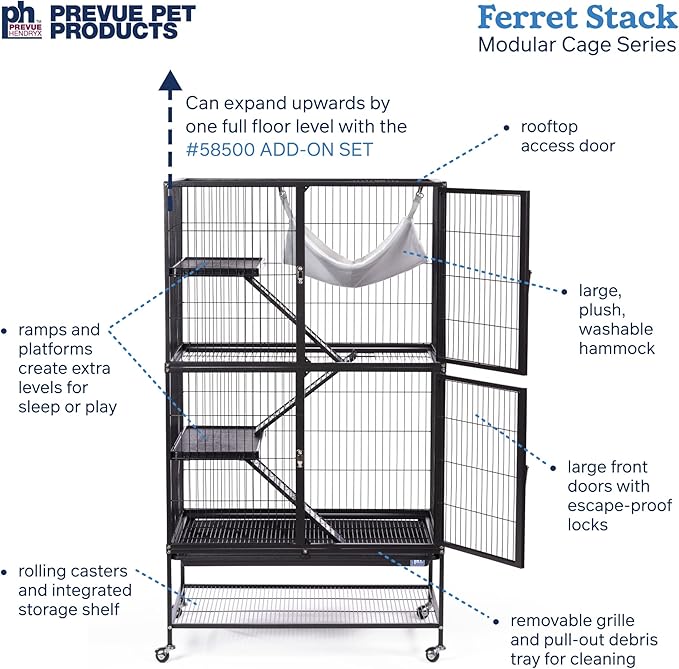 Prevue Pet Products Ferret Stack Two Story Ferret Home with Portable Stand, Escape Proof Lock, Hammock, Ramps, Expandable Add-On Cage Stacking System