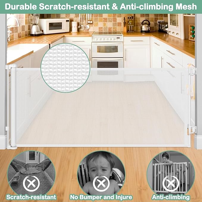 Retractable Dog Gates for Doorways 55 Inch Wide Retractable Baby Gates for Dogs Indoor Pet Barrier for Dogs Mesh Baby Gate No Bottom Bar Outdoor Dog Gate for Deck/Kitchen/Front Porch/Bedroom, White