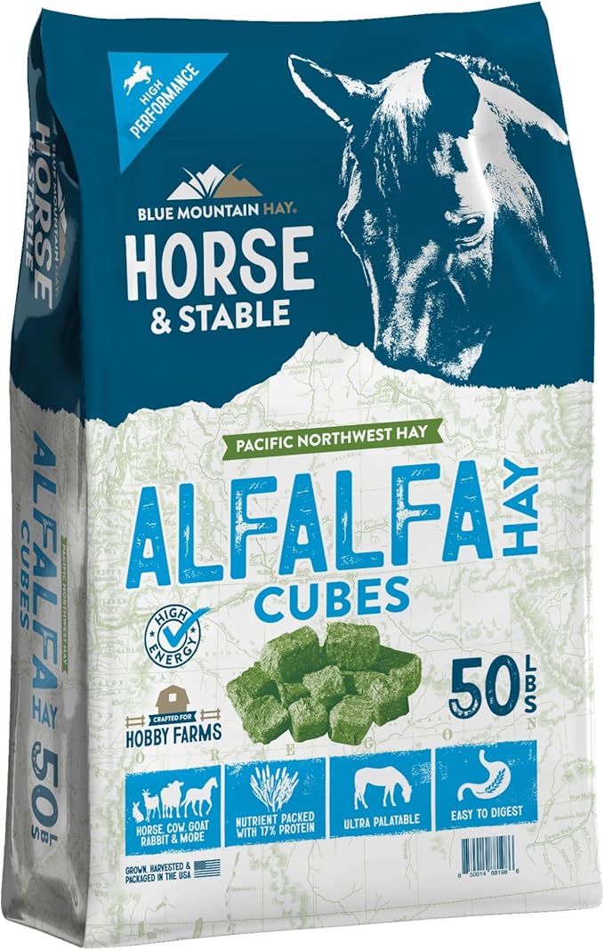 Blue Mountain Hay High-Altitude Alfalfa Hay Cubes Easy Flake Box (50 lb),Leafy Texture, High Protein Fiber & Minerals, Easy Storage Feed Solution for Homestead Use