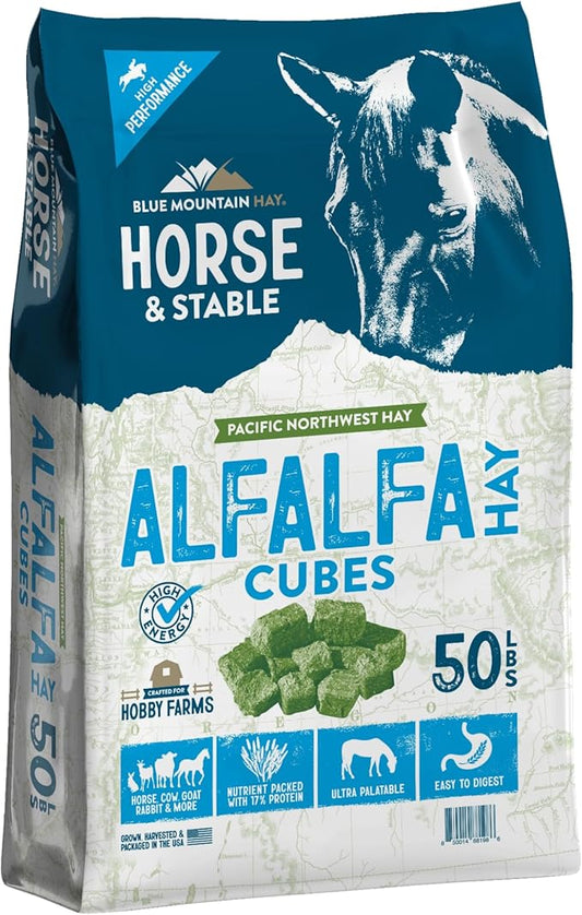 Blue Mountain Hay High-Altitude Alfalfa Hay Cubes Easy Flake Box (50 lb),Leafy Texture, High Protein Fiber & Minerals, Easy Storage Feed Solution for Homestead Use