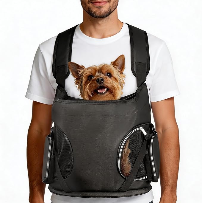 YUDODO Dog Front Backpack Carrier 5-15 lbs, Soft Breathable Pet Front Facing Carrier with Adjustable Straps, Multi-Pocket Design, for Small Dogs & Cats (Black)
