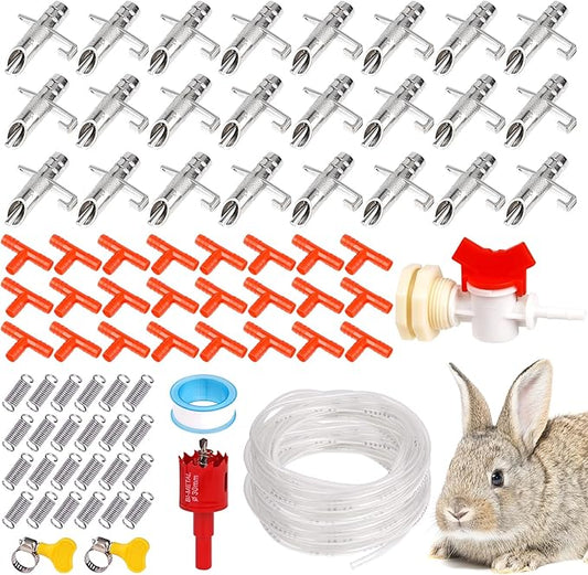 Automatic Rabbit Watering System Kit Rabbit Water Dispenser Include 24 Nipple Drinker, Hose, Connector, Hole Opener, Small Animal Water Feeder (Silver, 24 Nipple Drinker Kit)