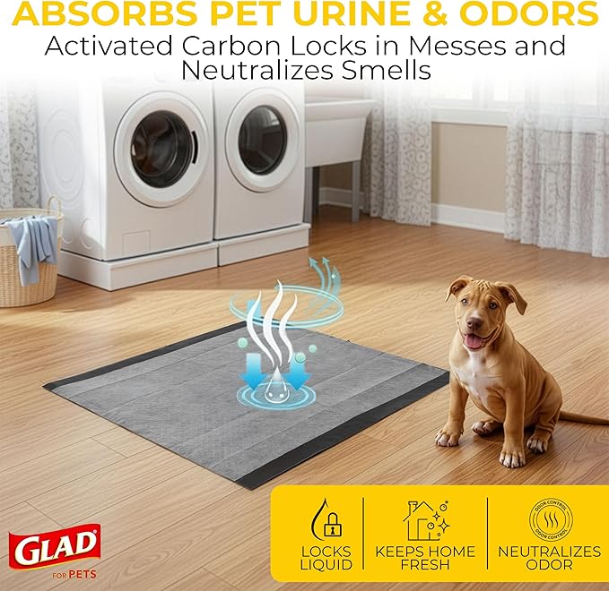 Glad for Pets Black Charcoal Puppy Pads - 6-Layer Leak-Proof Construction, Activated Carbon Odor Control, Pheromone Attractant - Disposable Dog Pee Pads for Potty Training, 23 x 23 in, 100 Count