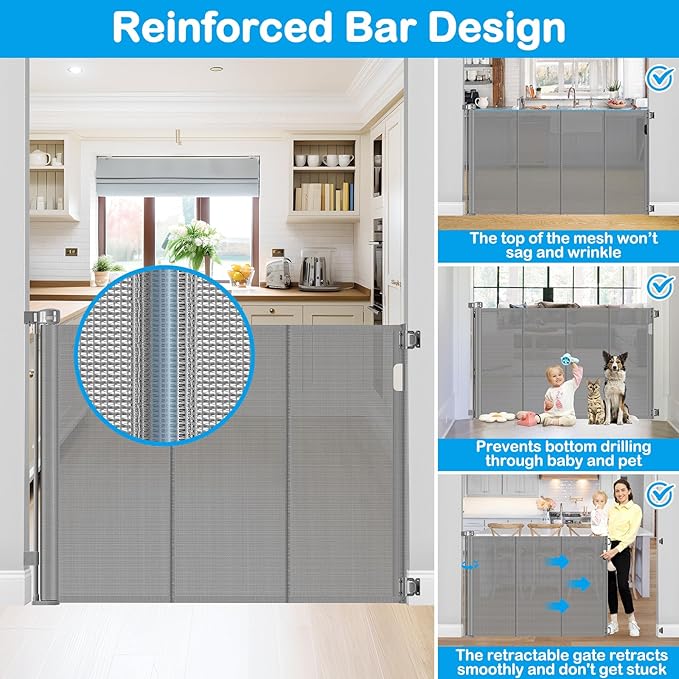 42 Inch High Retractable Baby Gates Extra Tall Retractable Pet Gate with Reinforced Strips 55 Inch Wide No Sag Mesh Baby Gate for Stairs Anti-Scratch Extra Tall Dog Gates for Doorways, Gray