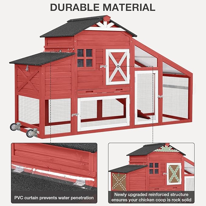 Mobile Chicken Coop with Wheels, Wooden Chicken House with Run, Large Hen Cage with UV Proof Roof and Leak-Proof Tray, Outdoor Chicken Coops with Nesting Box for 2-4 Chickens (Red)