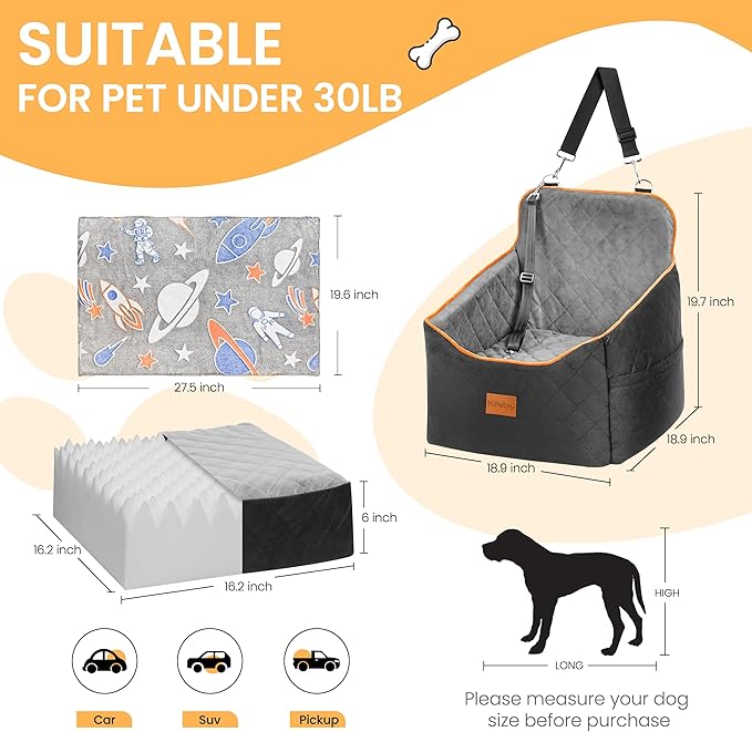 HiPetpy Dog Car Seat for Small Dog, Booster Seat for Dogs Under 30lb, Elevated Pet Seat with Pockets, Anti-Slip Bed for Car, Perfect for Front & Back Seats with Safety Leash (Black/Grey, Medium)