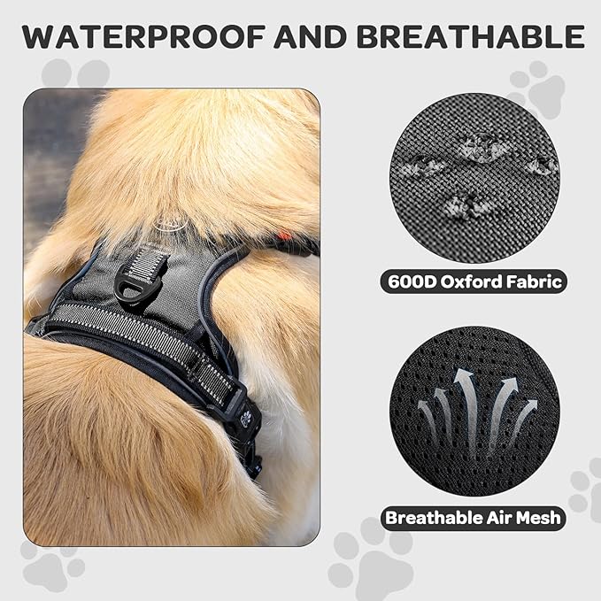 FURRYFECTION Plaid Dog Harness for Large Dogs, Reflective No Pull Adjustable Pet Vest with Front Clip, Leash, Easy Control Handle and Seat Belt, Black, XL