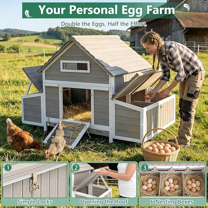 Large Chicken Coop Chicken House Outdoor with 6 Nesting Boxes & Pull-Out Tray for 4-6 Chickens, Wooden Backyard Hen House Poultry Cage with Weatherproof Openable Roof, 3 Perches, Expandable Run