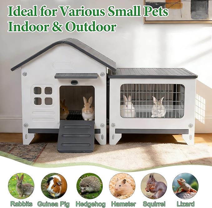 Rabbit Hutch Outdoor Indoor Plastic Waterproof Bunny Cage Enclosure Chew-Proof Rabbit House Guinea Pig Cage Pet House for Small Animals,Two Room
