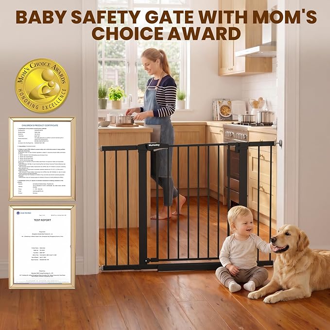 Mumeasy 29.6-46" Baby Gate for Stairs, Pressure Mounted Dog Gate for Doorways, Auto Close Pet Gate for Indoor Use, Extra Wide Child Gate with Walk Thru Door Black, Mom's Choice Awards Winner
