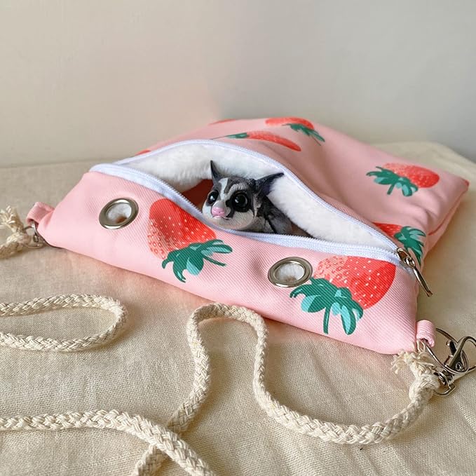 Handmade Faux Rabbit Fur Sugar Glider Bonding Carry Pouch Portable Small Animal Carrier Bag Small Animal Bonding Crossbody Strap for Hamster Rat Gerbil Other Small Pet Sleeping Bag with Vent (Pink)