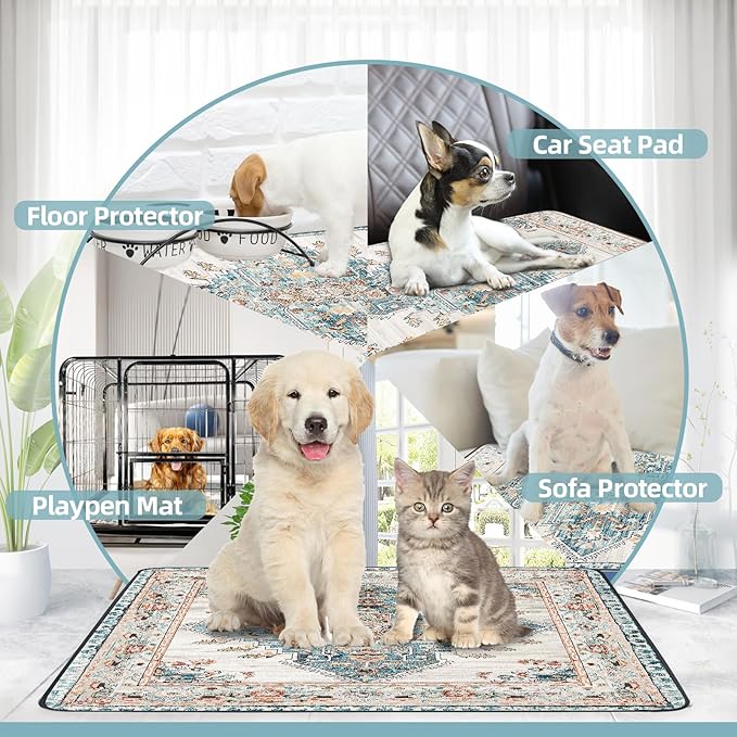 SCLOSE Washable Pee Pad for Dogs Extra Large, 72" x 72" Reusable Puppy Pads Waterproof Dog Rugs, Super Absorbent, Leakproof, Dog Crate Pad, Playpen Mat, Whelping Pads, Blue Medallion