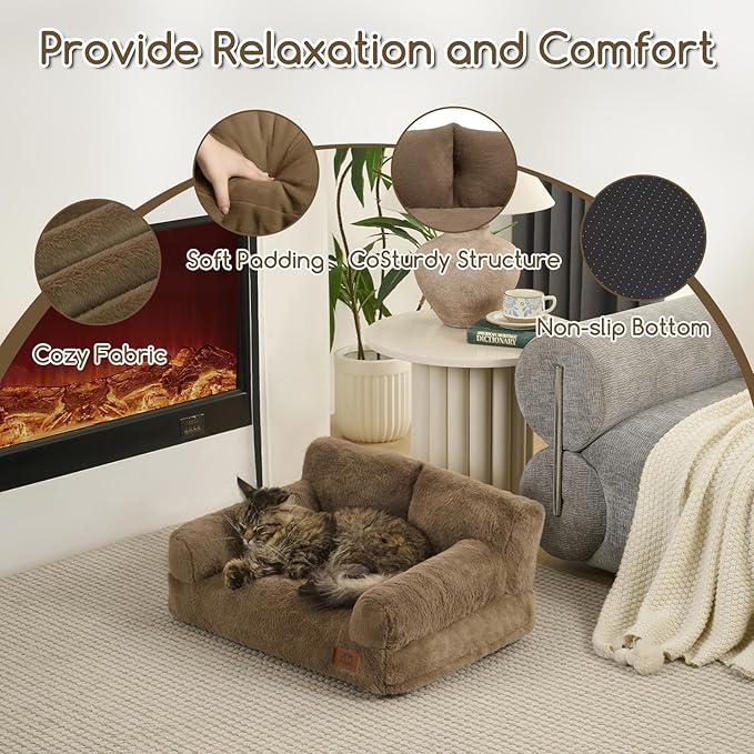 Hollypet Fluffy Dog Cat Bed Pet Couch Beds Plush Soft Warming Washable Puppy Bed for Small Medium Dogs and Large Cats, Dark Brown, 24" L x 18" W x 10" Th