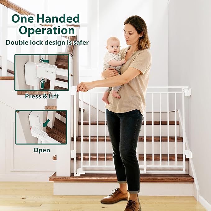 Miumoon 29-45" No Bottom Bar Baby Gate for Stairs, 2-in-1 Auto Close Dog Gate Indoor with Large Walk Thru Door, Hardware Mount Pet Gate for Top and Bottom Stairs (White, 26.5-43" W x 29" H)