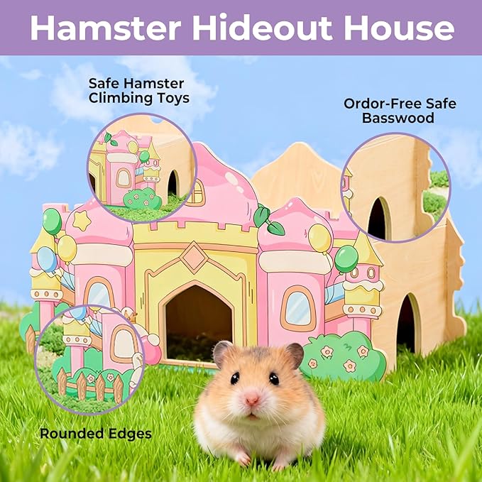 mini&moe Hamster Houses and Hideouts – Wooden Hamster Hideout Small Animal Habitat Decor Shelter with Platform for Dwarf Gerbils Chinchilla Rat Mouse