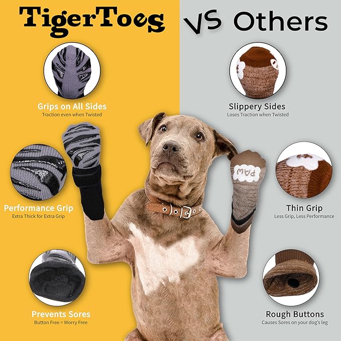 DOK TigerToes Premium Non-Slip Dog Socks for Hardwood Floors - Extra-Thick Grip that Works Even When Twisted - Prevents Licking, Slipping, and Great for Dog Paw Protection (XXXL)