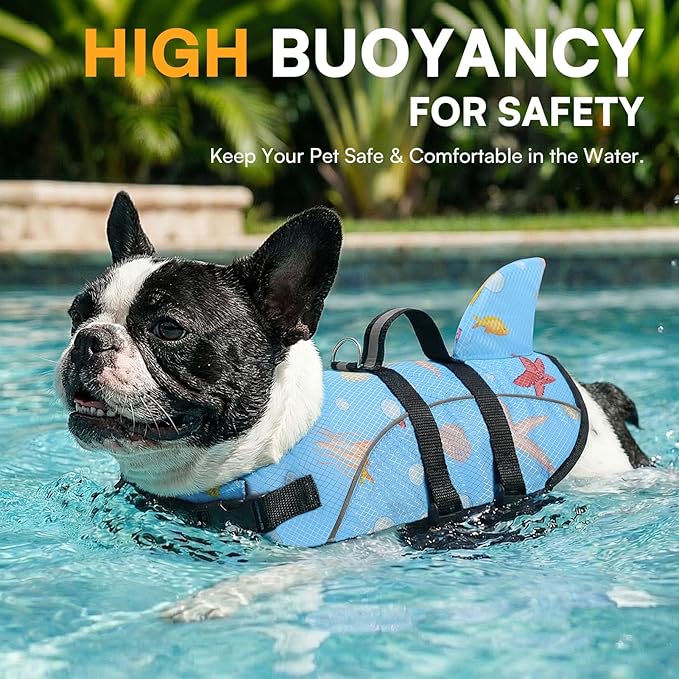 Queenmore Small Dog Shark Life Jacket, Small Dog Life Vest for Swimming and Boating, Lightweight Dog Life Preserver with Rescue Handle/Leash Hook/Reflective Strips