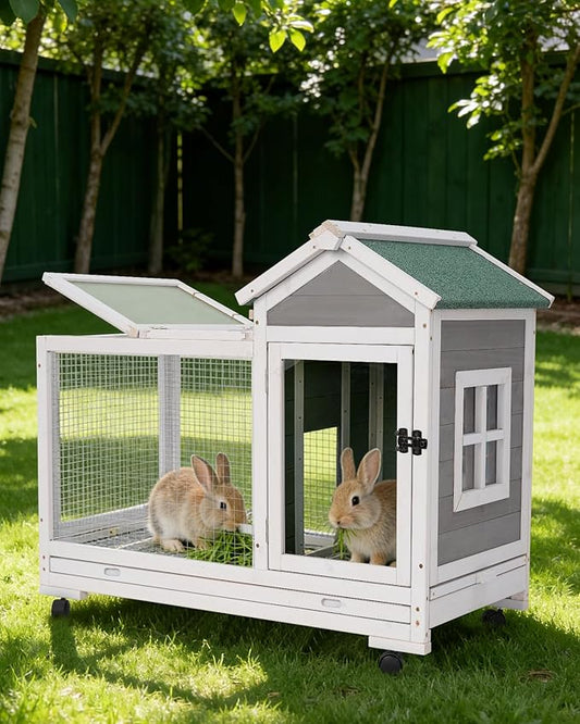 Outdoor Wooden Rabbit Cage:Rabbit Hutch Indoor, Bunny Hutch with Leak-Proof Pull Out Tray&Hideout, Small Animal Cage for Rabbits, Large Guinea Pigs, Portable Habitat with Lockable Wheels