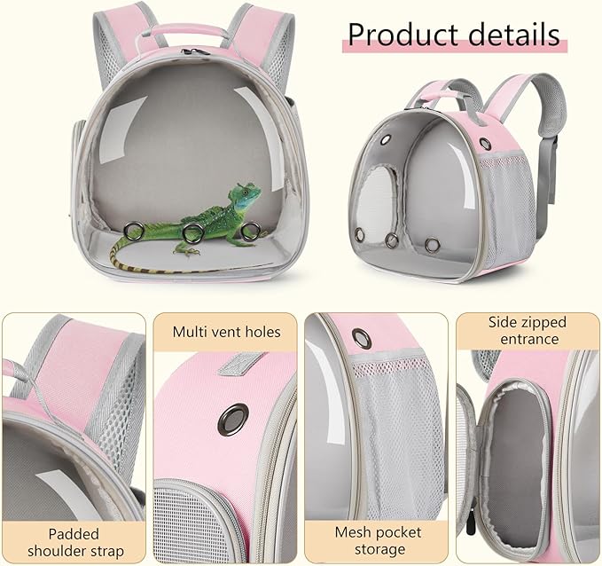 Bearded Dragon Carrier Backpack with Security Printing Harness Set, Reptile Lizard Travel Carrier (Pink, Mommy Harness)