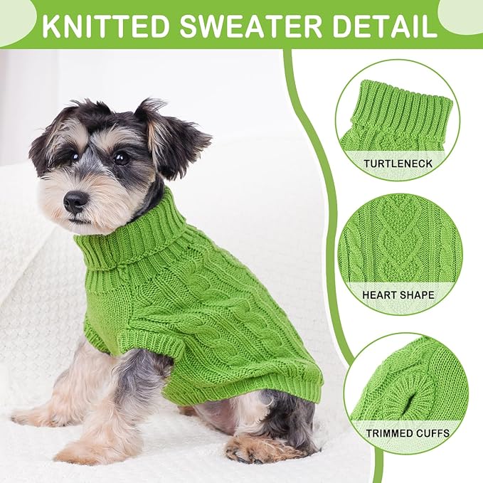 Puppishy Dog Sweater for Small Dogs & Cats, Green, Medium (Back-12", Check-16", Neck-11")