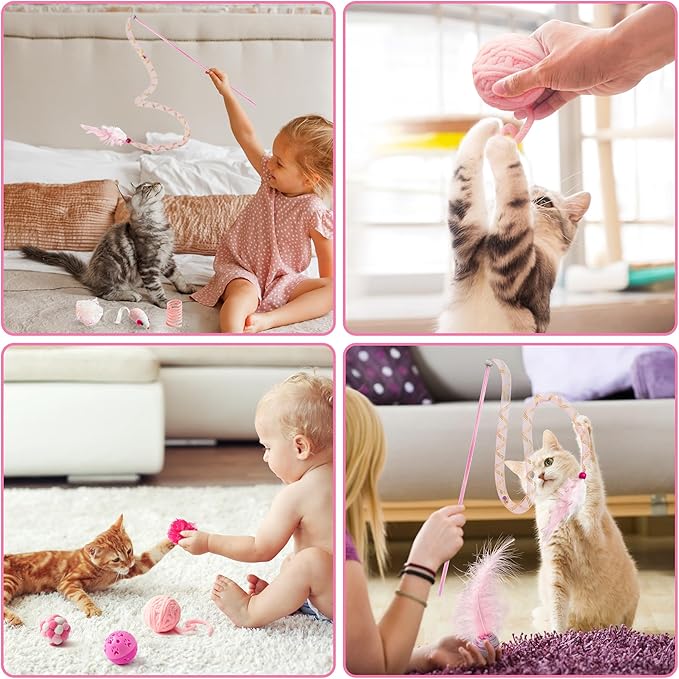 MALLMALL6 10Pcs Cat Toy Set Interactive Cat Toys Pack Including Feather Teaser Wand Cat Springs Mice Crinkle Balls and Pet Bell Balls, Puzzle Toys for Indoor Cats Gift (Pink) - Image 4