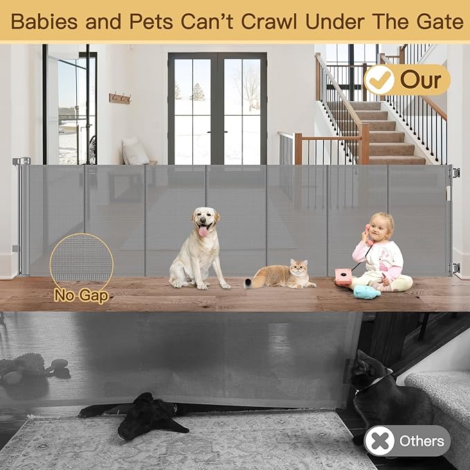 Reinforced 200 Inch Extra Long Baby Gate For Large Opening to Prevent Crawling Under, 16 ft Retractable Dog Gate for Doorway Extra Wide, Outdoor/Indoor Retractable Baby Fence to Separate Playroom,Gray