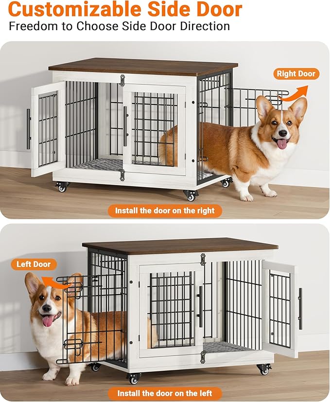 YaFiti Dog Crate Furniture with Cushion, Wooden Dog Kennel Indoor with Double Doors, Dog Cage with Wheels, Dog House Side End Table for Small Medium Dogs up to 45 lb, 32.5" L, White