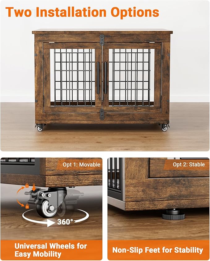 Dog Crate Furniture with Cushion, Wooden Dog Kennel Indoor with Double Doors, Dog Cage with Wheels, Dog House Side End Table for Small Medium Dogs up to 45 lb, 32.5” L, Rustic Brown