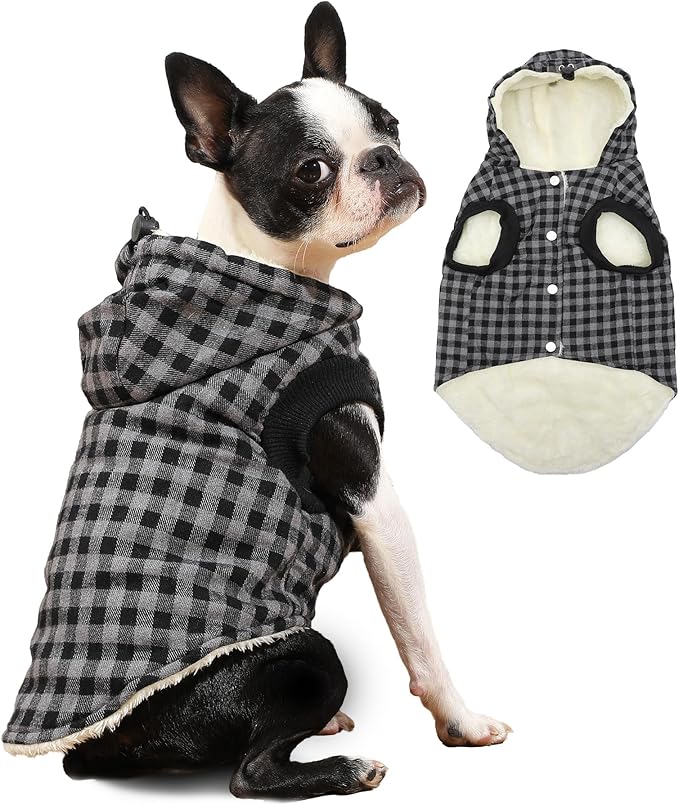 Vecomfy Fleece Lining Dog Hoodie for Small Dogs Extra Warm Plaid Sweater with Drawstring Hooded Coats in Winter Puppy Jacket,Black M