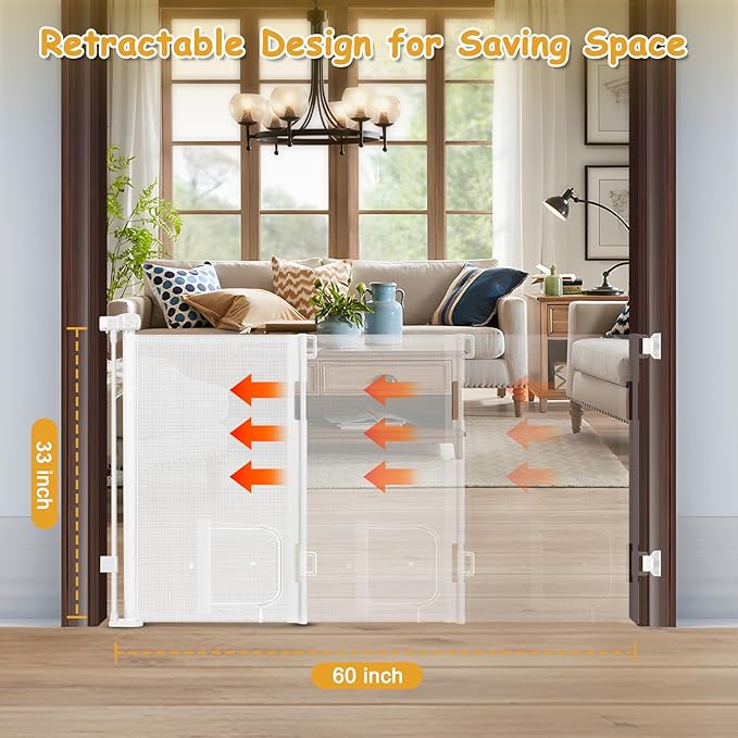 Reinforced 60” Wide Retractable Pet Gate with Cat Door Mesh Baby Gate for Stairs with Reinforced Strips Retractable Dog Gates with Cat Door Mesh Dog Gates for Doorways Separating Dogs from Cats, White
