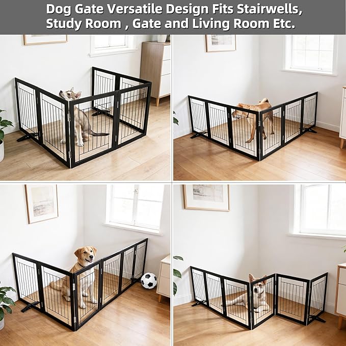 ZJSF Freestanding Dog Gate Indoor, Foldable Dog Fence for Doorways,Hallways or Stairs, Sturdy Wood Extra Wide Pet Gate with Support Feet,Black,24 "Height-6 Panels