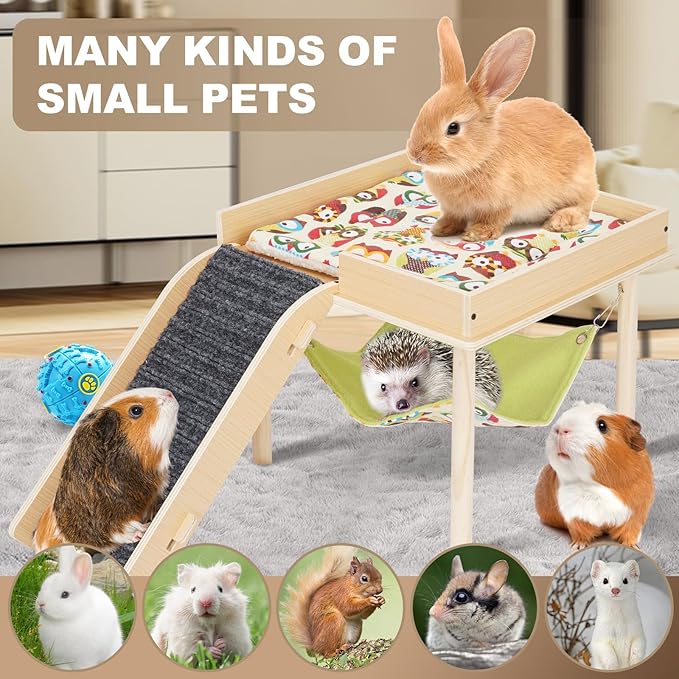 Guinea Pig Hammock with Ramp, Wooden Guinea Pig Hideout Toys with Platform, Guinea Accessories Castle with Soft Mat & Stairs for Cage Small Animals Hamsters Chinchilla Hedgehog Rat Ferret Bunny
