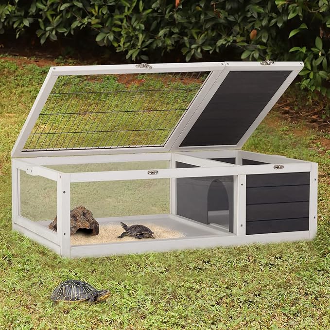 Wooden Tortoise Habitat Indoor & Outdoor Large Transparent Tortoise Enclosure in Gray with Rest Area, Activity Area and Removable Tray for Small and Medium-Sized Animals