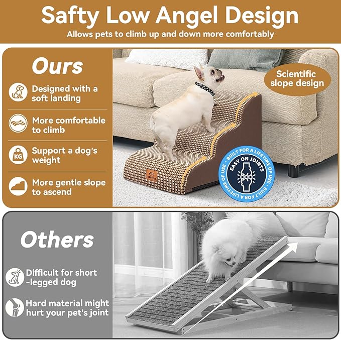 Zerbuger Dog Ramp and Stair for Bed 16" H-20 H,3-Step Cat Stair for Sofa and Chair,4-Step Dog Ramp for High Bed and Window,Durable Nonslip Fabric Cover for Indoor (Coffee-16 H, Pet Friendly, 3)