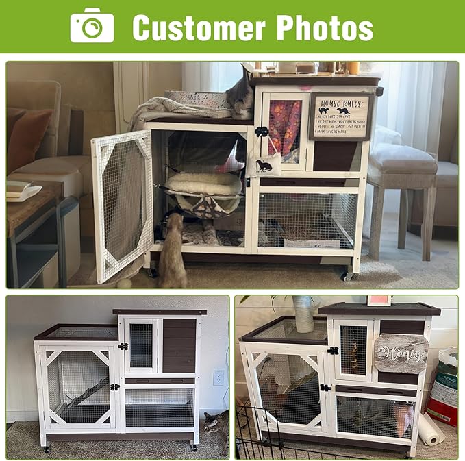 Guinea Pig Cages Indoor/Outdoor, Wooden Rabbit Hutch with Wheels, Large Rabbit House with 2-Story, Bunny Cage with Chew-Proof Ramp and Leap-Proof Trays, Waterproof Small Animals Habitat (Brown)