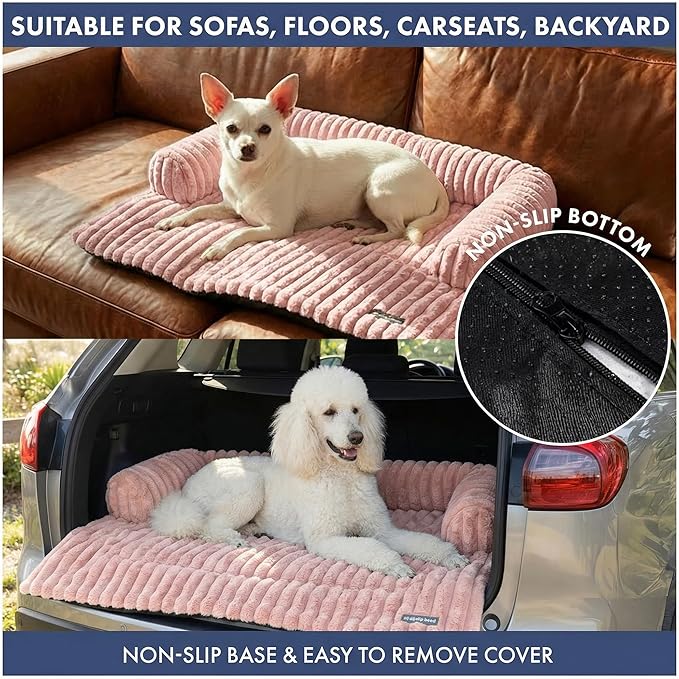 Spark Paws Luxury Dog Couch Cover Bed, Calming Pet Furniture Protector for Large & Small Dogs, Washable Bolster Dog Bed for Couch, Sofa & Bed - Pink, Small