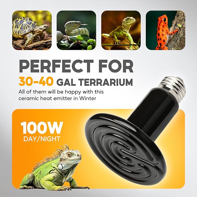HealSmart 100W Reptile Heat Lamp Ceramic Heat Emitter, No Light Emitting Heat Bulbs, Suitable for Snake/Lizard/Spider, Plant Growth and Incubating Chicken, 4-Pack