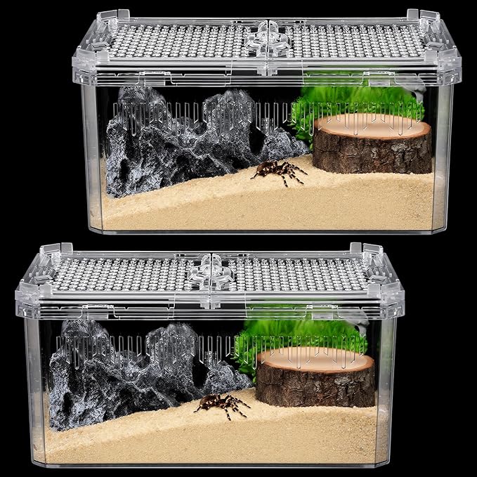 2 Pack Reptile Terrarium Tank, High-Transparency PET Enclosure with Magnetic Door - No Assembly Breathable Habitat for Tarantula, Spider, Hermit Crab, Cricket, Gecko (7.5"x5"x3.7")