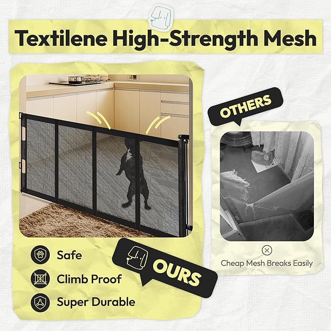 34" H Tall Mesh Dog Gate Extends Up to 200" W Retractable Pet Gate with Drill Installation, Preventing Crawling Through for Stairs, Doorways, Indoor & Outdoor (Black)