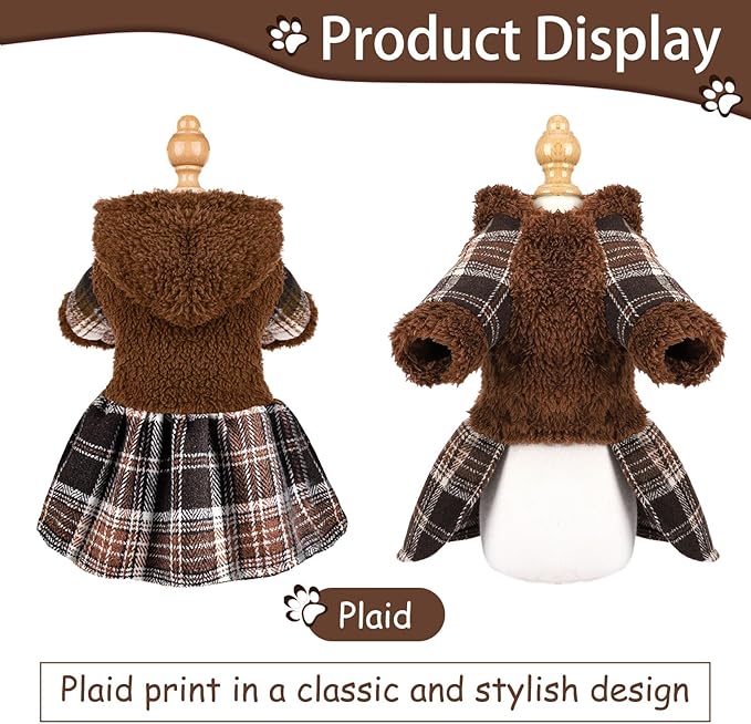 DaFuEn Dog Sweater,Dog Dress, Dog Sweaters Dresses for Small Dogs,Cute Warm Fleece Hooded Sweater for Small Dogs, Plaid Puppy Dresses Clothes Chihuahua Yorkie Cat Apparel （Brown,XXS