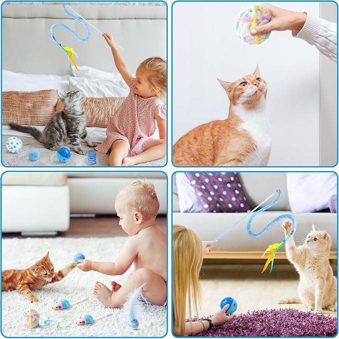 MALLMALL6 Cat Toy Set Interactive Cat Toys 10Pcs Pack Including Cat Springs Feather Teaser Wand Mice Crinkle Balls and Pet Bell Balls, Puzzle Interactive Pet Gift Pack Toys for Indoor Kitten (Blue) - Image 6
