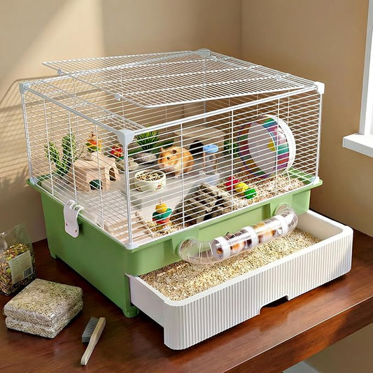 Oneluck 22.4” Chew-Proof Metal Hamster Cage, Drawer-Style with Easy Clean,Small Animal Habitats for Syrian & Dwarf Hamster,Gerbil, Mice(Green)