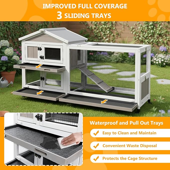 Gowoodhut Outdoor Rabbit Hutch Indoor Bunny Hutch 2 Story Weatherproof Bunny Cage with 6 Wheels, 3 Seperate Pull Out Trays, Safe Metal Run, Wooden Pet House for 1-3 Guinea Pigs, Hamster